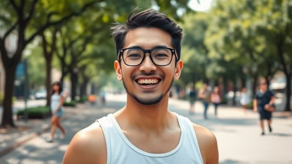 Confident individual choosing to be a caretaker instead of having kids, smiling in a park.