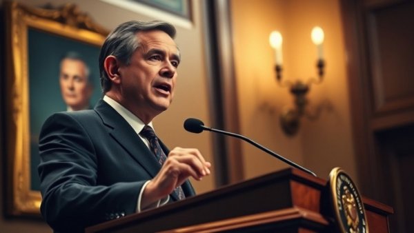 Trump discusses Venezuela oil tanker blockade at podium with portrait.