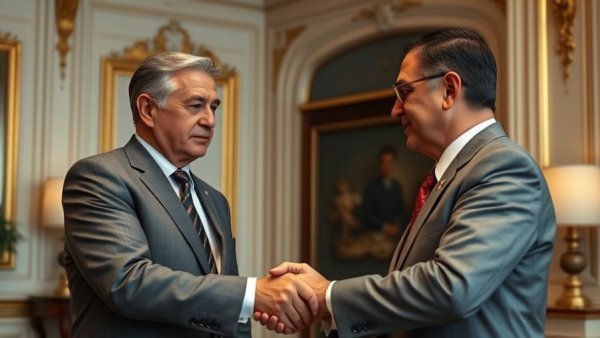 Two men shaking hands in formal meeting to discuss using frozen Russian assets for Ukraine funding.