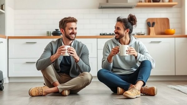Couple enjoying coffee in a furniture-free kitchen, minimalist living.