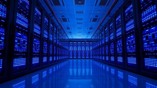 Modern data center with illuminated blue server racks.