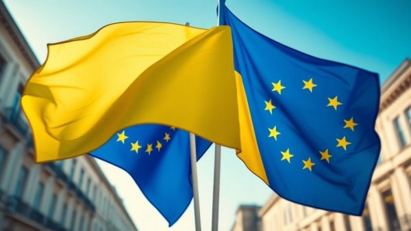 EU Ukraine aid package symbolized by EU and Ukraine flags fluttering.