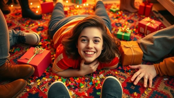 Joyful holiday celebration with adult kids, vibrant decorations, and confetti.