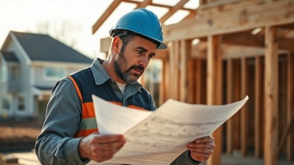 Construction worker analyzing blueprints with HELOC rates today text overlay.