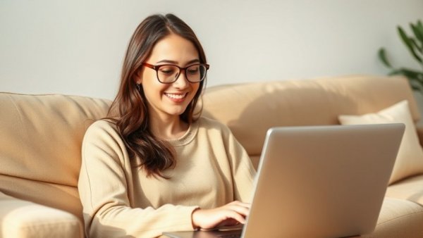 Smiling woman in cozy setting researching tax benefits for single filers.