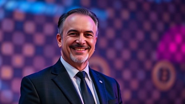 Michael Saylor in front of digital Bitcoin background, vibrant hues.