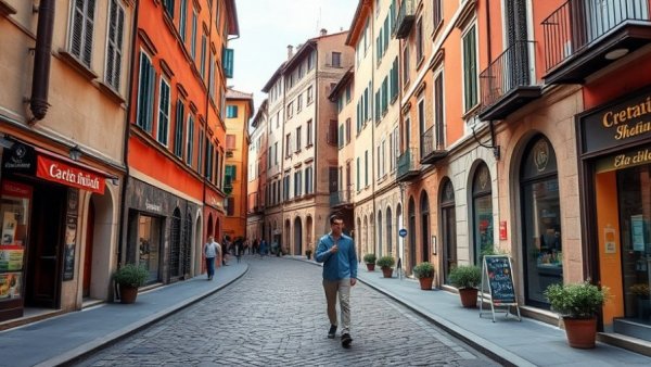 Historic Italian street in university town, cobblestones, student, daylight