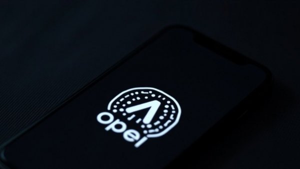 OpenAI logo displayed on phone screen, dark setting.