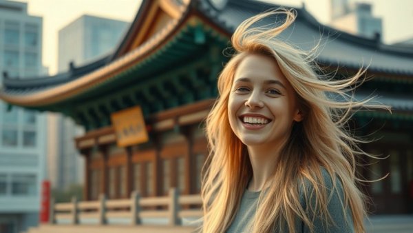 Blonde woman smiling in South Korea with traditional backdrop, symbolizing burnout recovery.
