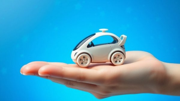 Tiny futuristic robotaxi in a hand, vibrant blue background with sparkles, robotaxis 2026.