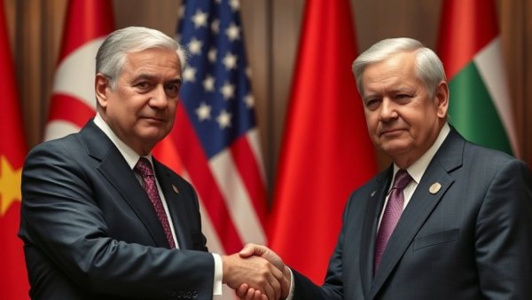 Two men shaking hands at Ukraine peace deal meeting, flags in background.
