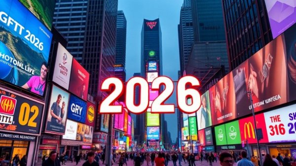 Santa Claus rally in Times Square with 2026 sign and ads.