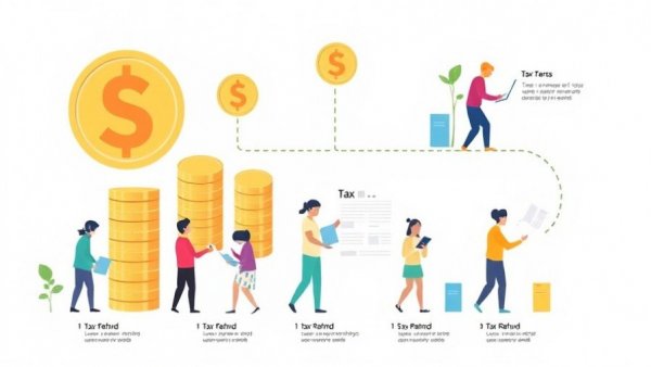 Modern infographic illustrating the tax refund process with abstract characters.