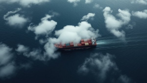 Aerial view of cargo ship amid clouds, linked to U.S. sanctions Iranian Venezuelan weapons trade.