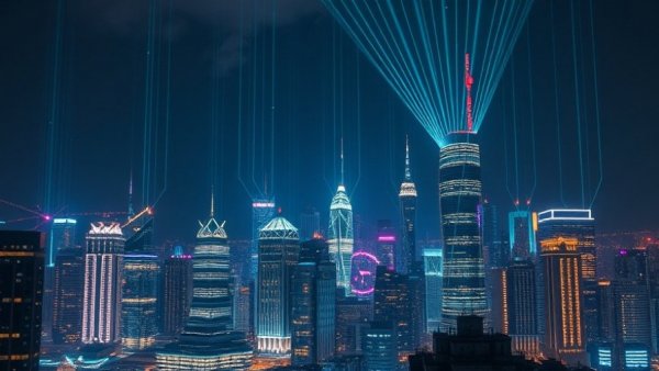 Futuristic cityscape with digital data streams extending from buildings, nighttime view.