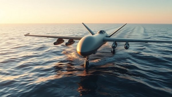 Ukrainian naval drones with missiles during sunrise.