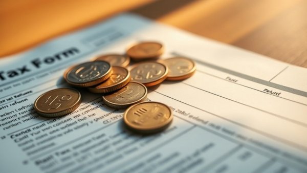 Close-up of IRS tax form with coins, focus on refund section.