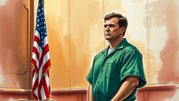 Courtroom sketch depicting a man in prison uniform near a flag, linked to early prison release due to the First Step Act.