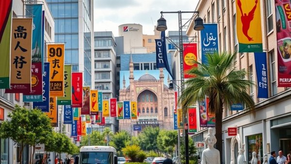 Street scene with colorful banners, mural and statues in Middle Eastern city.