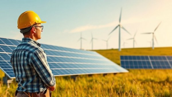 Engineer observing solar panels and wind turbines in energy field.