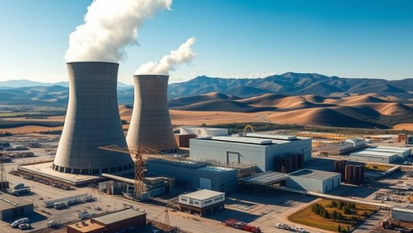 Power plant with cooling towers and construction site near rolling hills.