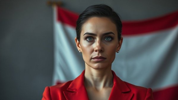 Serious woman in red blazer focused in front of red and white flag backdrop.