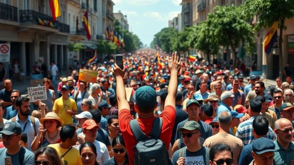 Protest crowd in Venezuela with a man holding a flag.