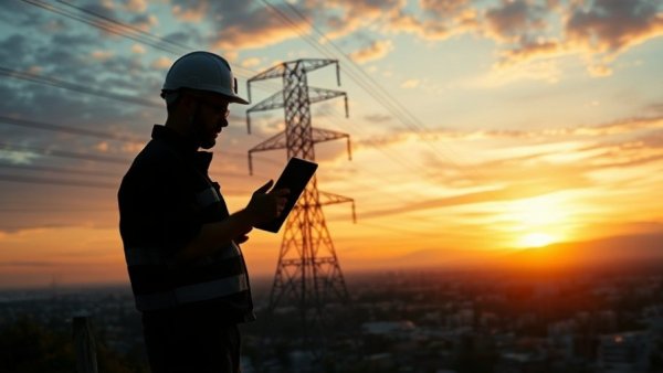 Electrical engineer with laptop by power tower during sunset, Utility Stocks AI Winners.