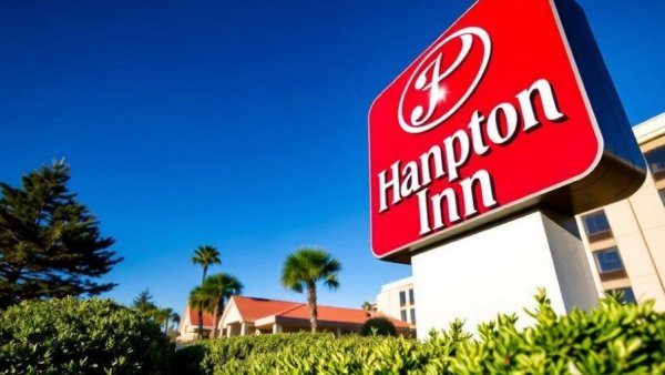 Hampton Inn logo sign outside hotel, daytime view.