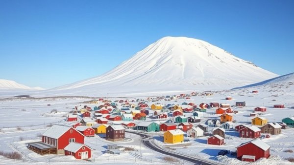 Snow-covered Greenland town, colorful houses under mountain, winter scenery