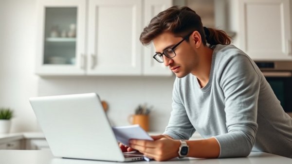 Couple discussing financial habits to start in January in a kitchen.