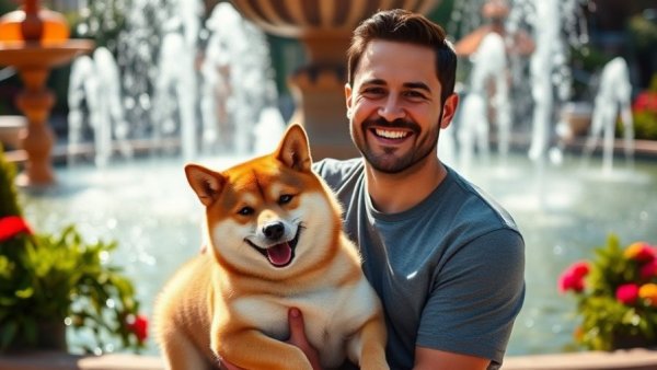 Man and Shiba Inu at a fountain garden in Barcelona.