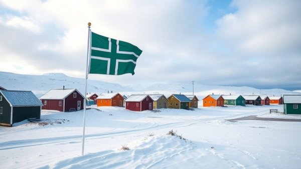 Snowy Greenland village with flag discussing Trump Greenland takeover plan.