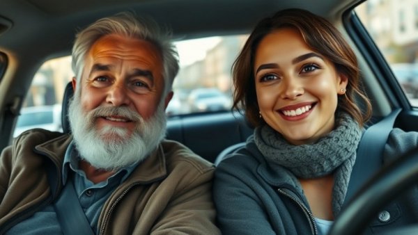 Elderly man and young woman smiling in car highlighting family bond