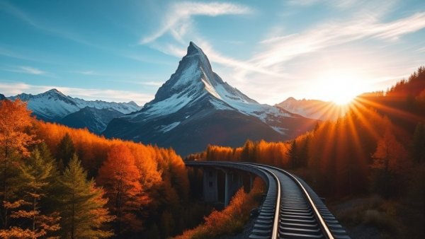 Sunrise over the Matterhorn with forest and railway, Switzerland.
