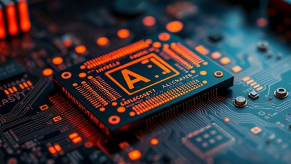 Futuristic AI CPU chip on illuminated circuit board, symbolizing tech dynamics amid SoundHound AI stock collapse.