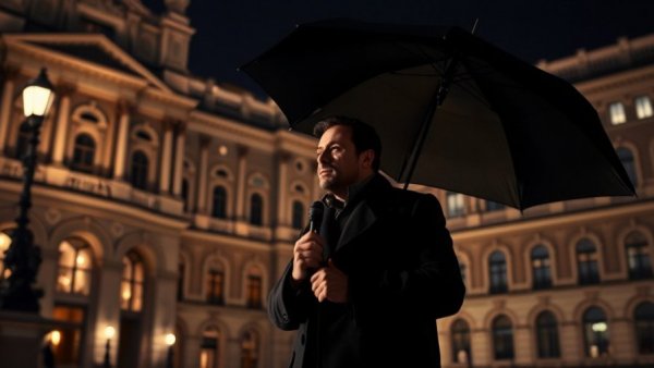 Distinguished man speaking under an umbrella at night, intervention in Iran.