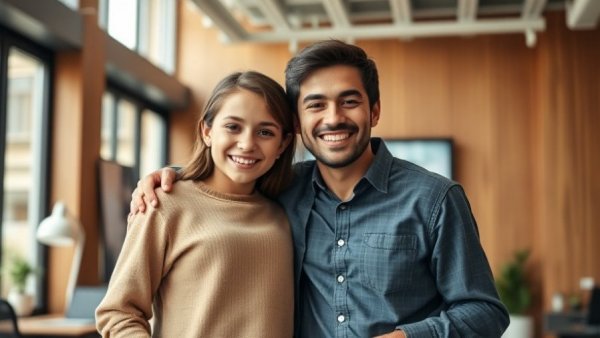 Smiling siblings in a modern office setting.