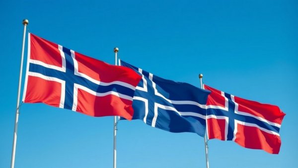 Nordic flags representing taxation model unity, clear sky, vibrant colors.