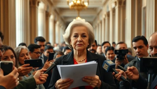 Woman surrounded by reporters symbolizing Federal Reserve independence.