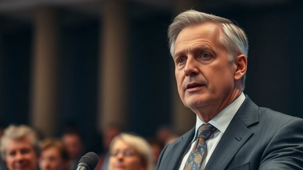 Serious man at a conference discussing tariff on countries doing business with Iran.