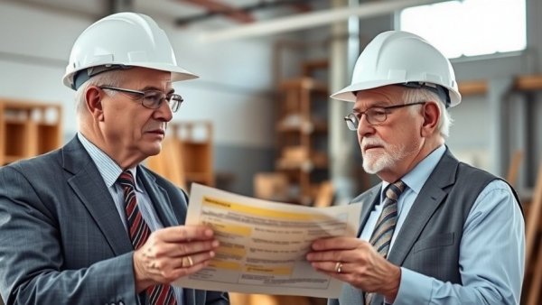 Two men in hard hats discussing plans indoors related to lowering my taxes.