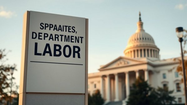Department of Labor sign outside government building facade.