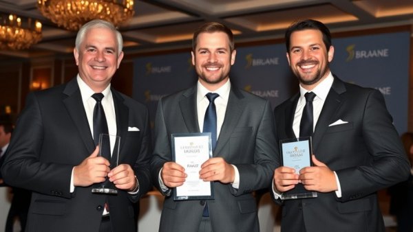 Three men holding awards at an event with a branded backdrop.