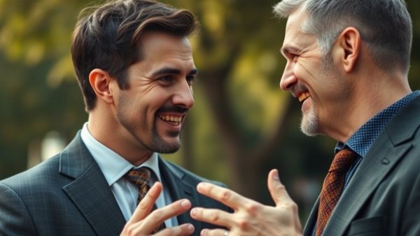 Animated discussion between two suited men outdoors, Trump's Board of Peace.