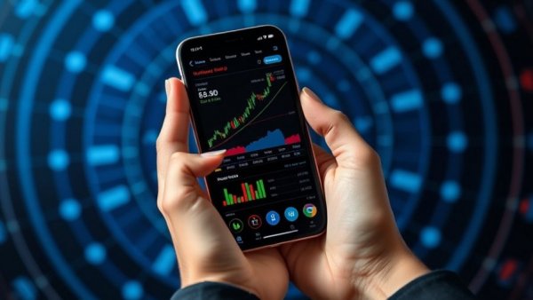 Digital asset funds investing visualization, smartphone with stock charts.