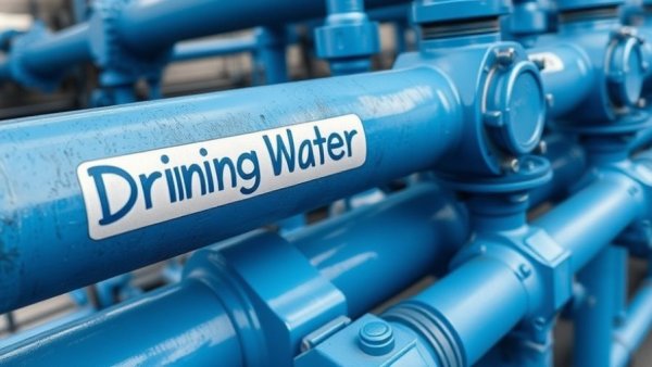 Industrial pipes labeled 'Drinking Water' for Greenland freshwater reserves.