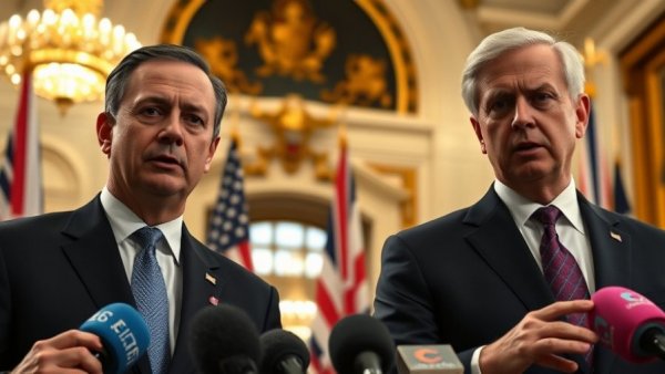 Political figures discuss UK sovereignty deal amidst flags.