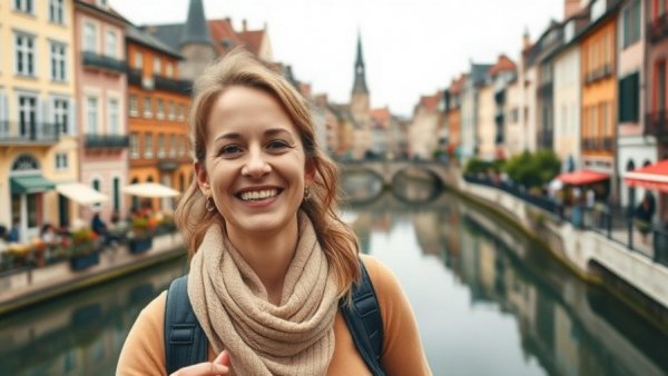 Smiling woman enjoying a European city canal scene, best destinations for girls' trips.