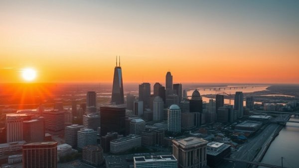Aerial view of Detroit skyline at sunset with river backdrop.